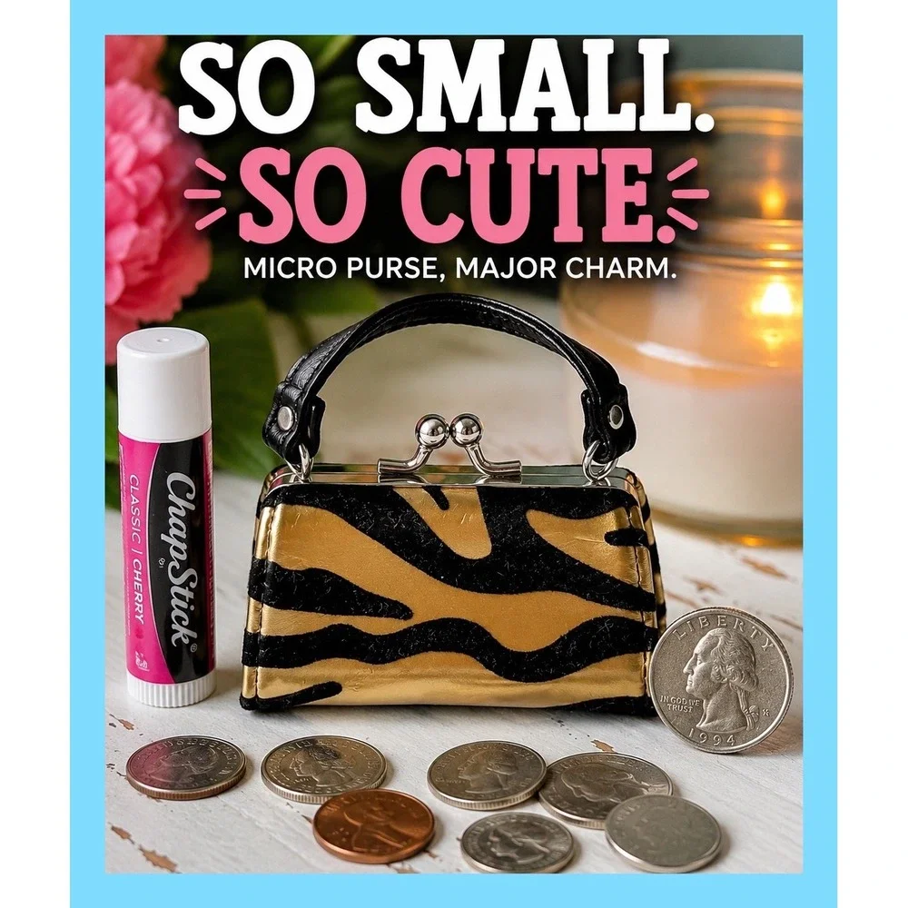 Mini Zebra Print Micro Purse Kiss Lock Handbag Y2K Glam Novelty Bag Gold Black